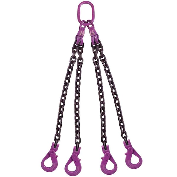 9/32" x 10' - 4 Leg Chain Sling w/ Self-Locking Hooks - Grade 100
